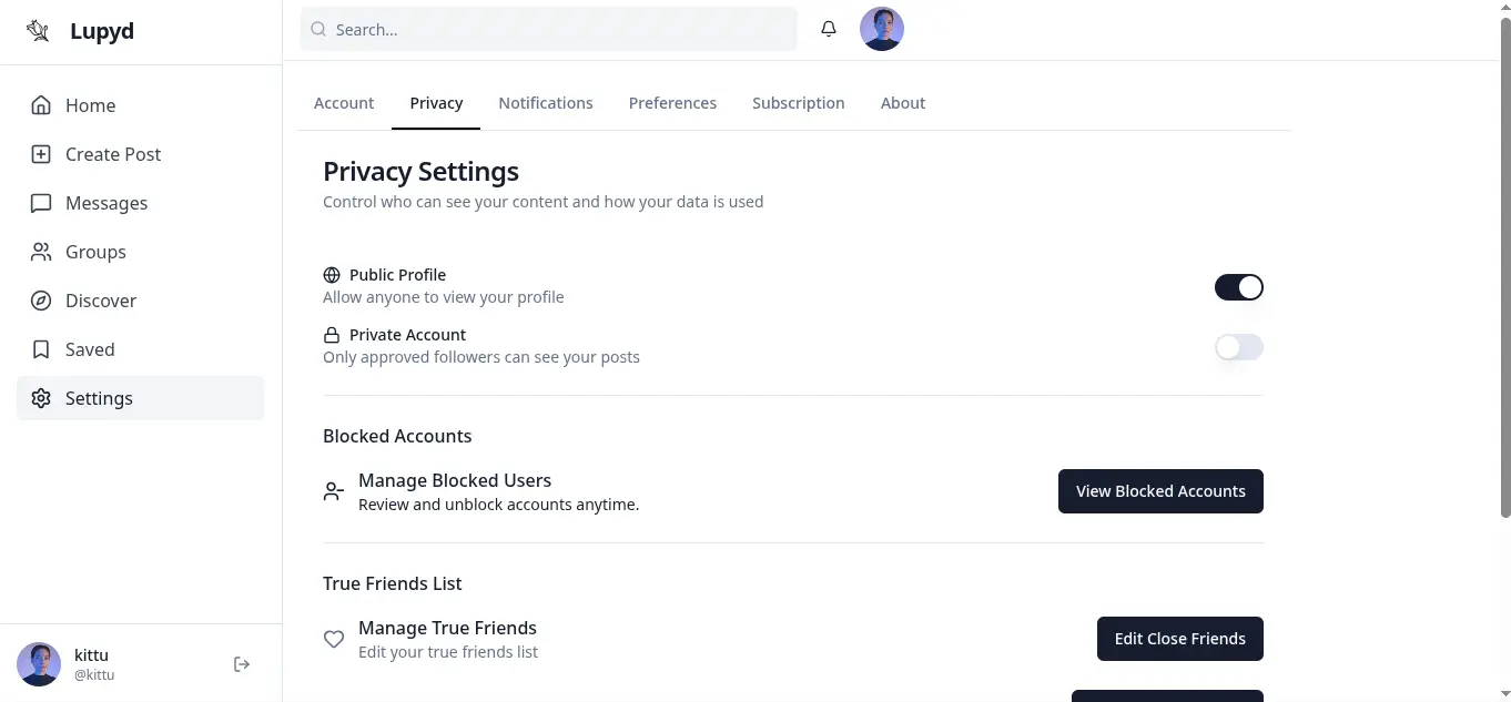 Lupyd Privacy & Security Settings (Light Mode)