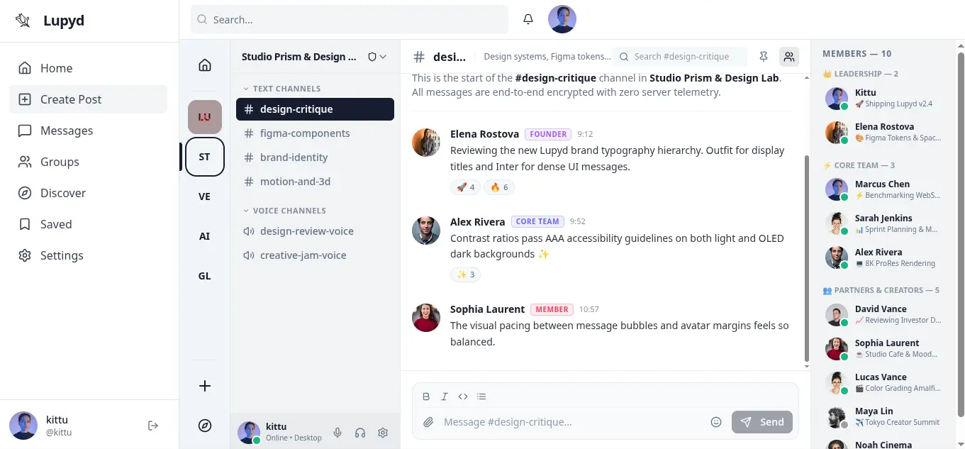 Lupyd Community Spaces & Channels (Light Mode)