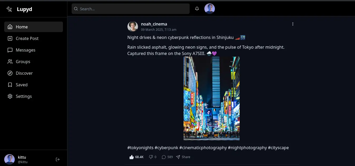 Lupyd Platform Interface - Direct Messaging & Communication (Dark Mode)