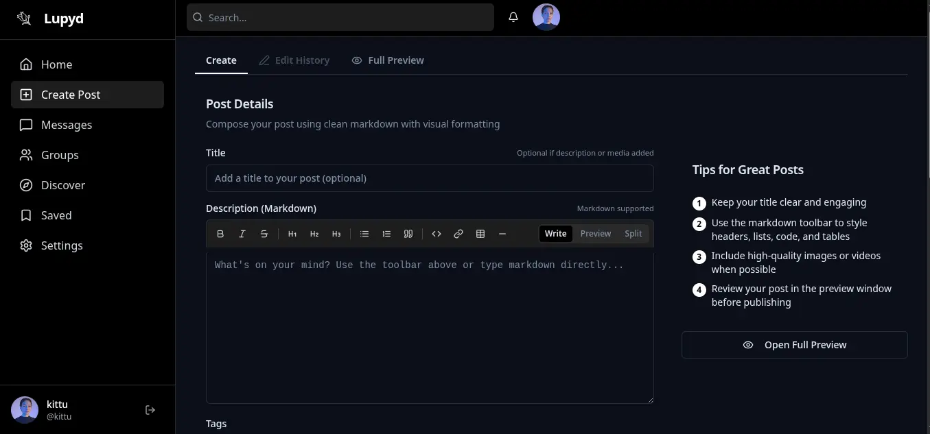 Lupyd Workspace & Project Collaboration (Dark Mode)