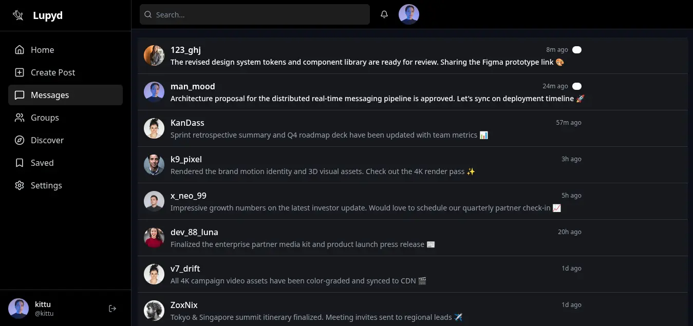 Lupyd Social Feed & Activity Stream (Dark Mode)