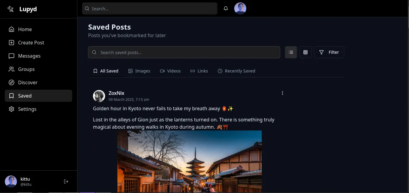 Lupyd Media Manager & Content Sharing (Dark Mode)