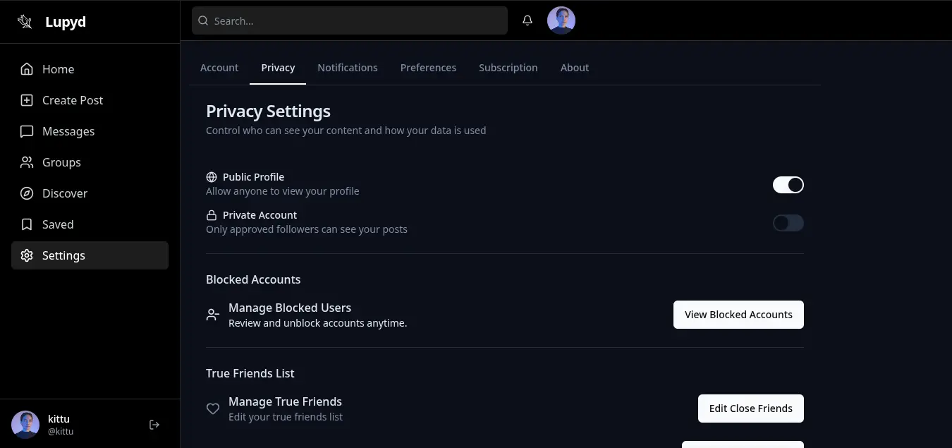 Lupyd Privacy & Security Settings (Dark Mode)